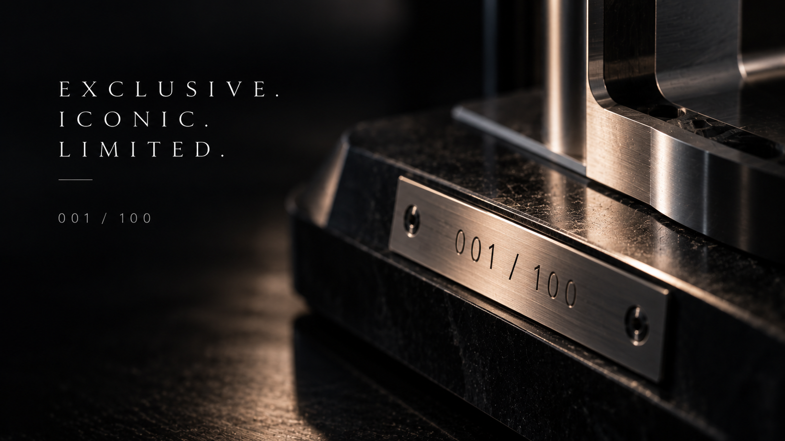 A dark macro view of a precision object bearing the edition number 001 of 100.