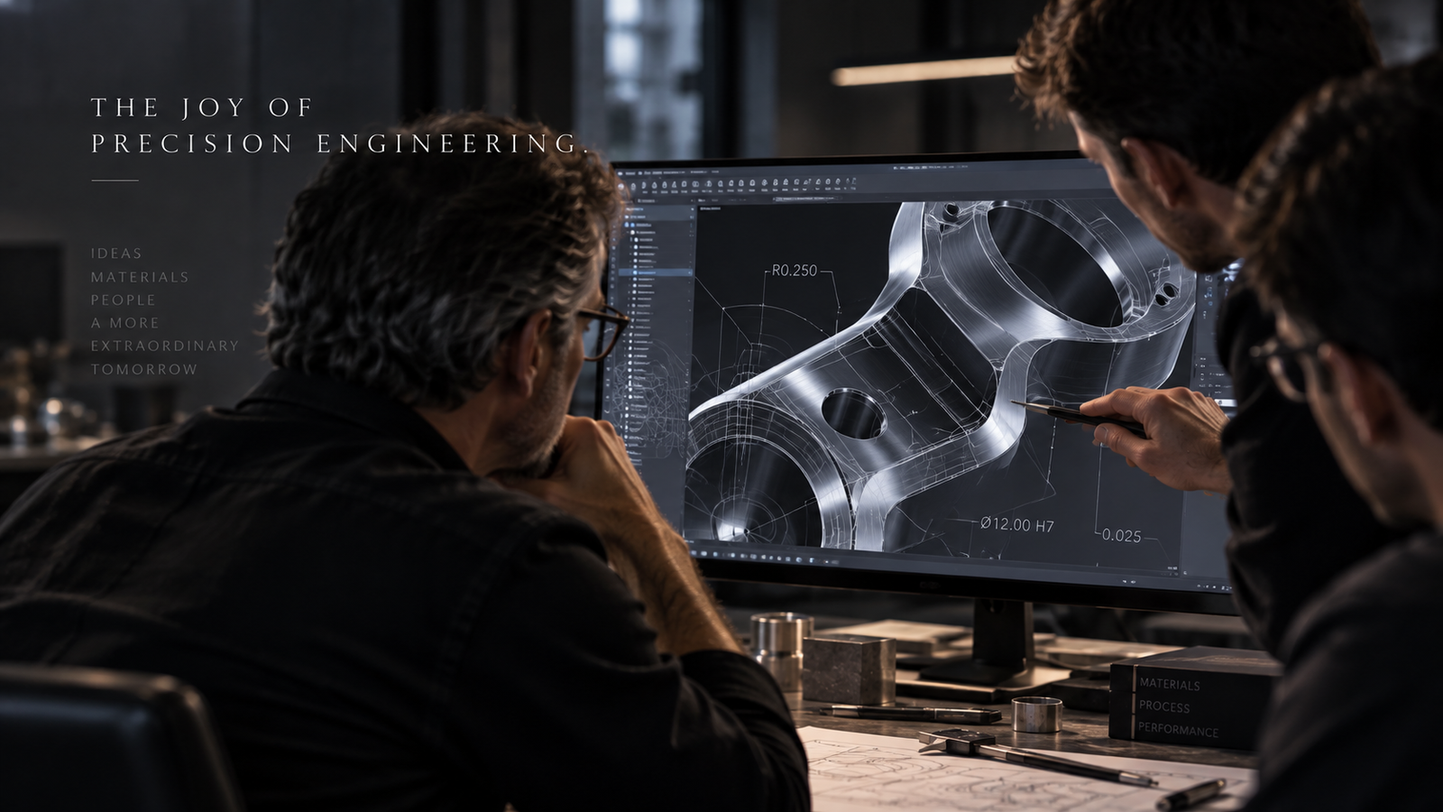 Engineers study a detailed CAD model on a wide monitor.