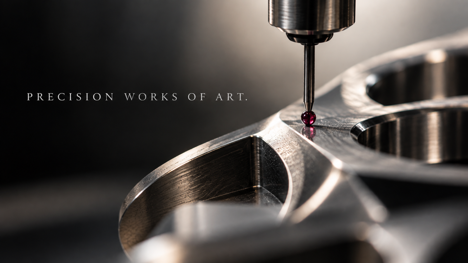 A precision probe measures a finely machined metal component.