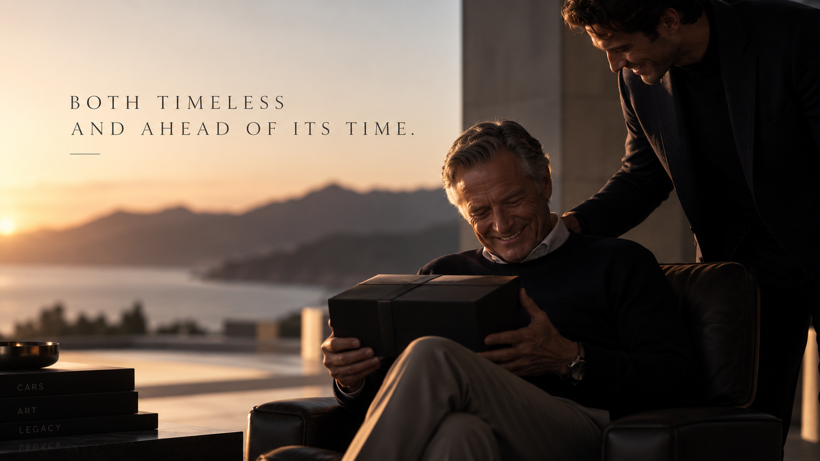 A collector receives a presentation case in a restrained modern setting at sunset.